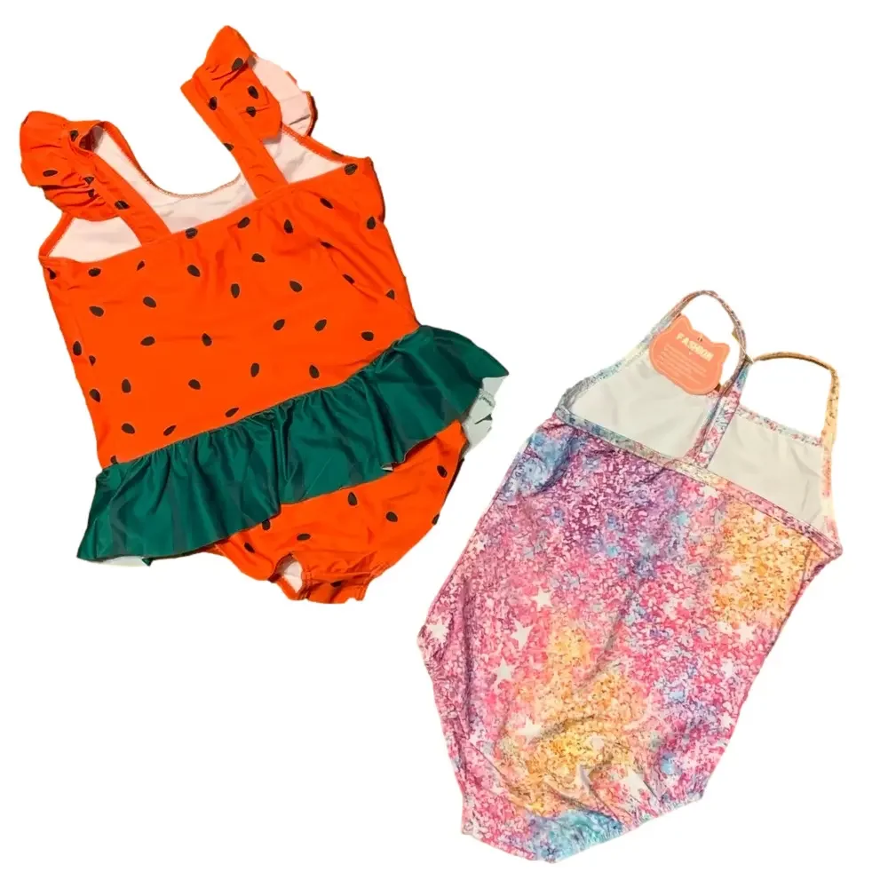 NWT Girls Size 5-6 Swimsuit Bundle Watermelon Ruffle & Rainbow Shimmer One Piece